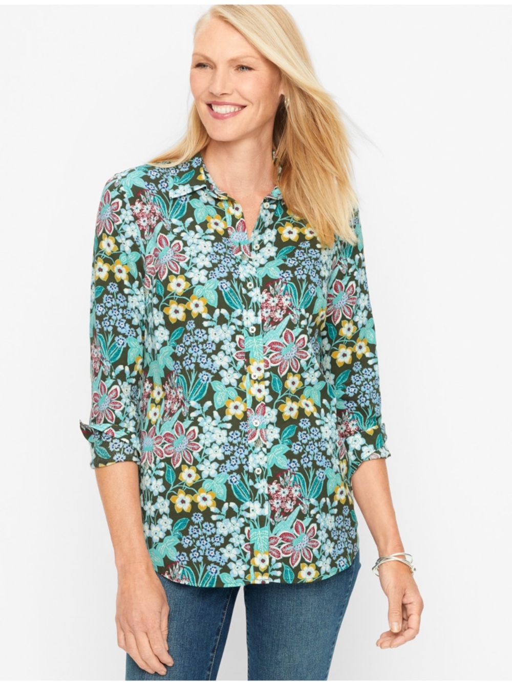 Talbots Floral Button-Down Shirt - Green Multi Size Small